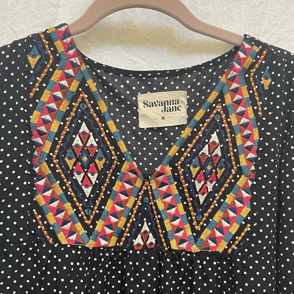 Savanna Jane Top Womens M Black Polka Dot Embroidered Aztec Shirt Blouse
